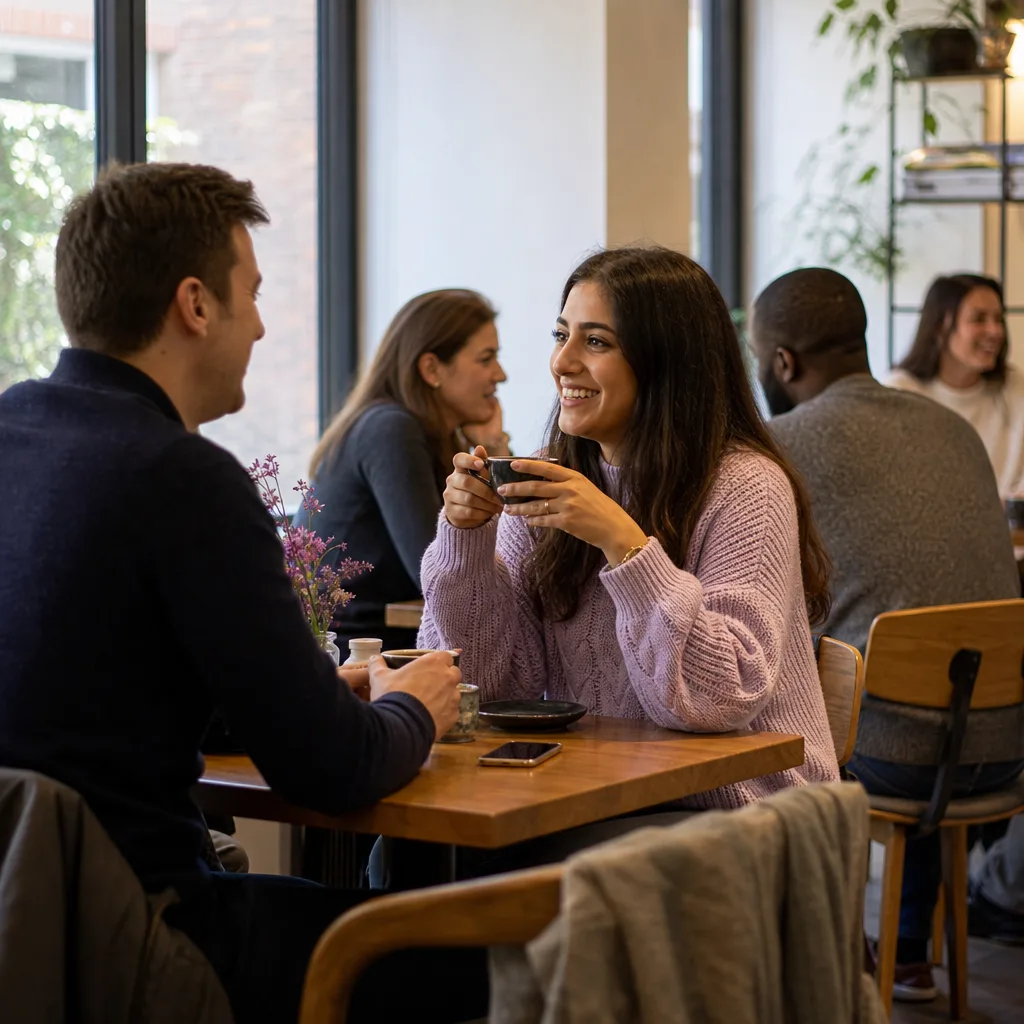 Two adults having coffee at a table in Rickmansworth town centre