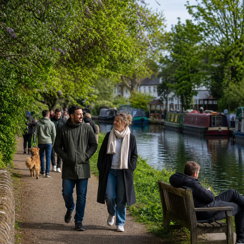 A couple talking while walking beside a lake at Rickmansworth Aquadrome